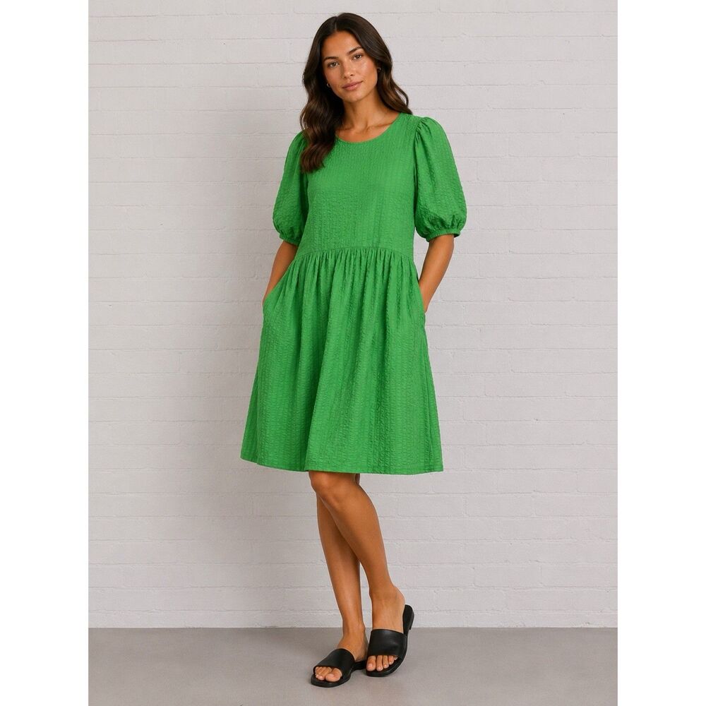 Gorman Textured Puff Sleeve Dress Womens 10 Green Organic Cotton Cottagecore